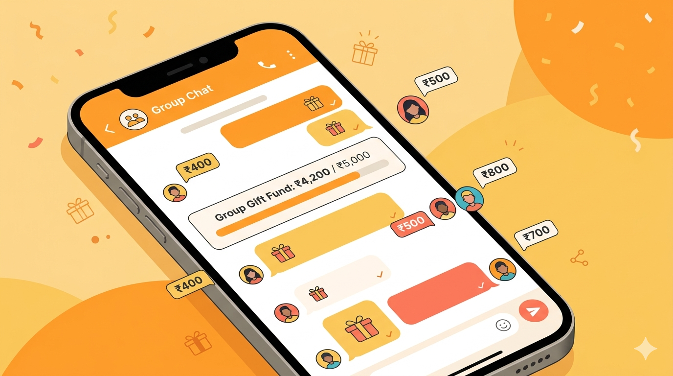 Organised group gift planning on a smartphone with Indian celebration motifs