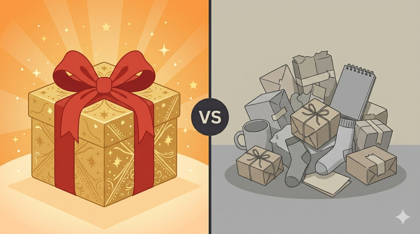 One large premium gift versus a pile of small random gifts — a clear comparison