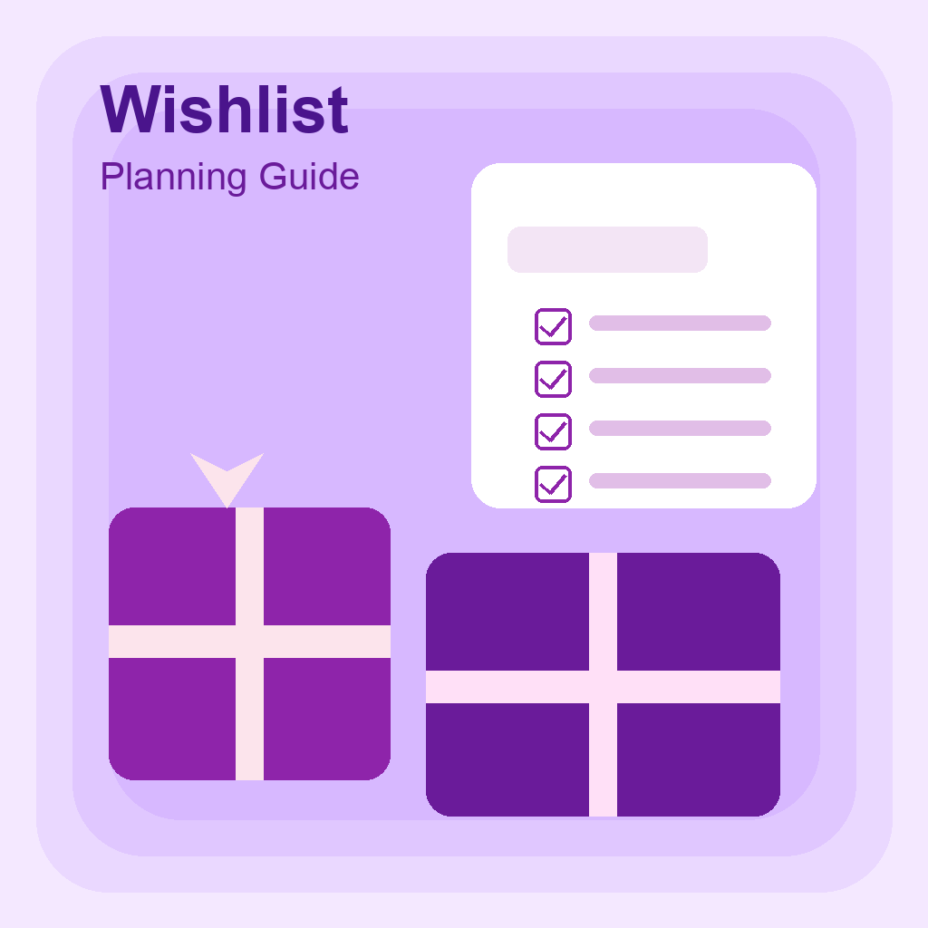 A wishlist on a notepad surrounded by wrapped gifts and ribbons