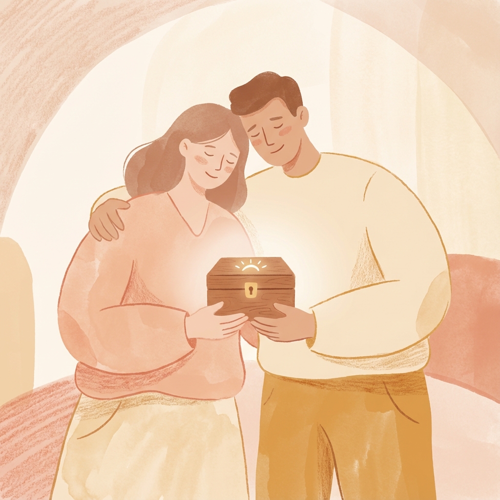 Happy parents receiving meaningful gift from OMG - no clutter, no waste