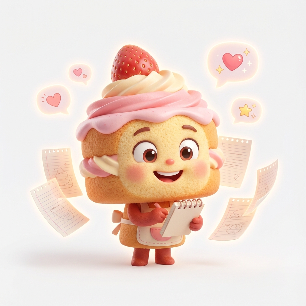 The Strawberry Storyteller - Pixar-style cake character representing marketing and brand voice